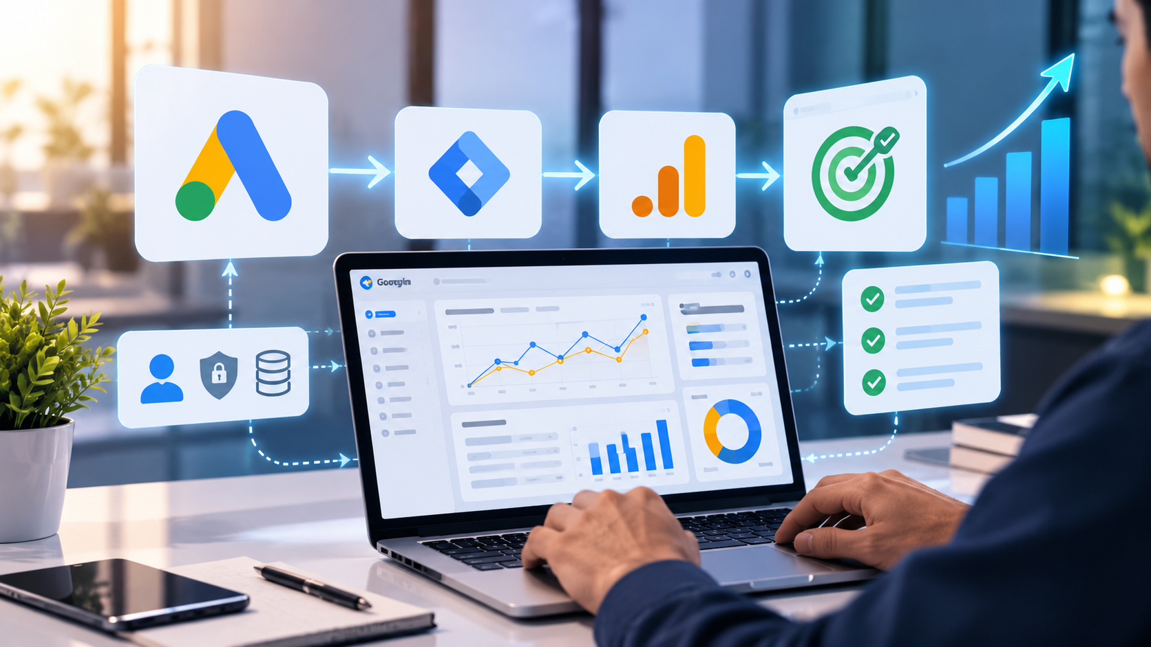 Google Ads conversion tracking dashboard showing analytics data, Google Tag Manager, GA4 reporting, conversion goals, and performance growth.