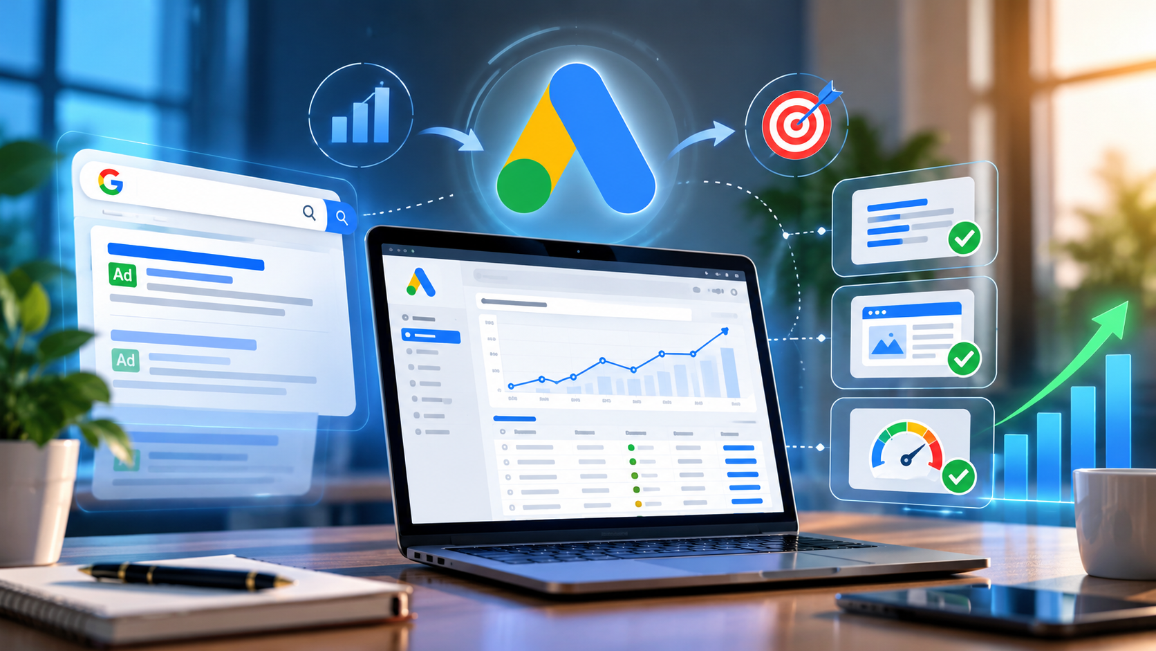 Google Ads dashboard showing campaign performance analytics, ad relevance indicators, landing page optimization checks, and growth charts.